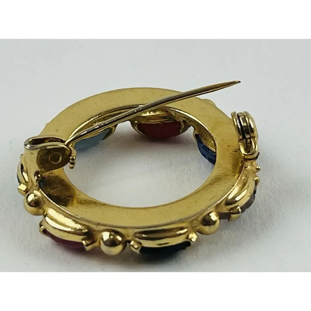 Vintage Gold Tone Multicolor Scarab Stone Pin Brooch Round Blue Pink Green Red P